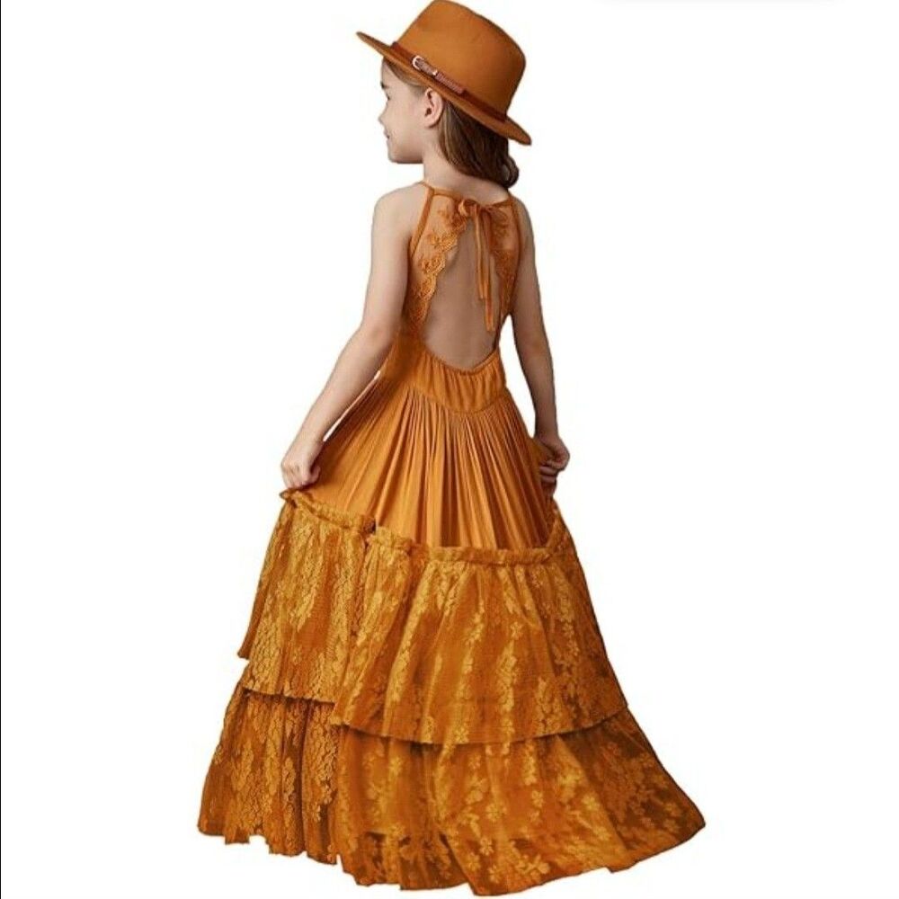 Maxi Lace Tiered Girls Dress Ruffles Boho Fairycore Western Brown Size 12